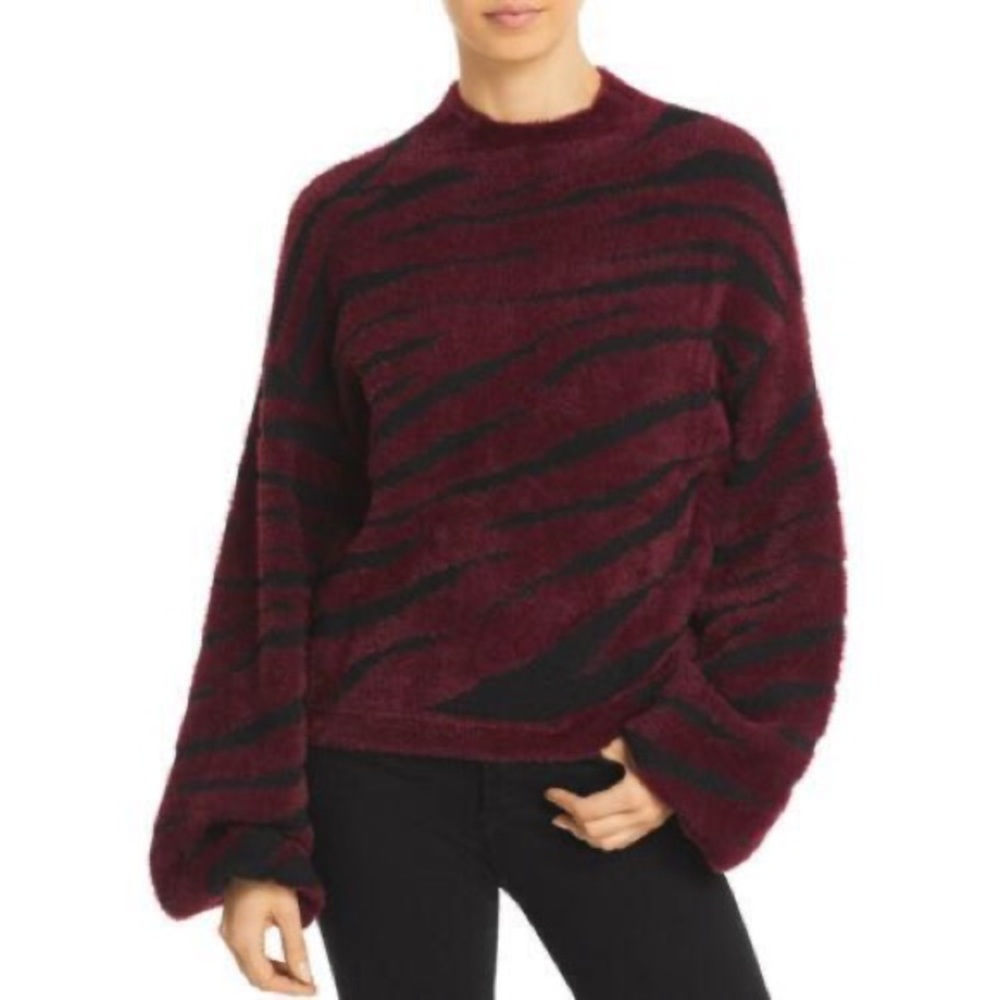 Bardot REVOLVE BURGUNDY Zebra Knit Pullover Fuzzy Soft Sweater Womens